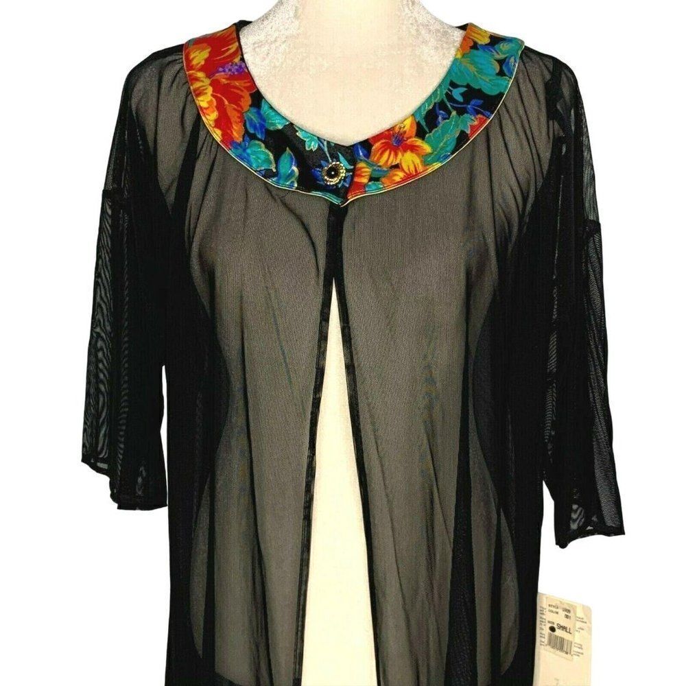 Vintage Sirena Swimsuit Cover Up S Black Floral Nylon Mesh Robe Button Deadstock